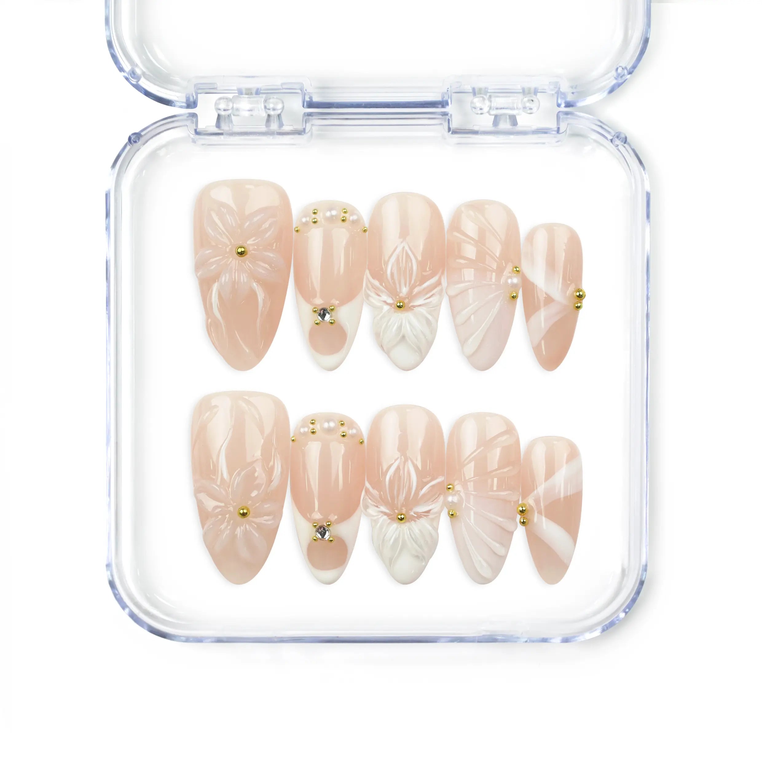 Peach Petal handmade press on nails by Naillover featuring nude and white tones with 3D flowers, pearls, and gold accents — elegant Singapore press on nails.