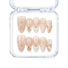 Peach Petal handmade press on nails by Naillover featuring nude and white tones with 3D flowers, pearls, and gold accents — elegant Singapore press on nails.