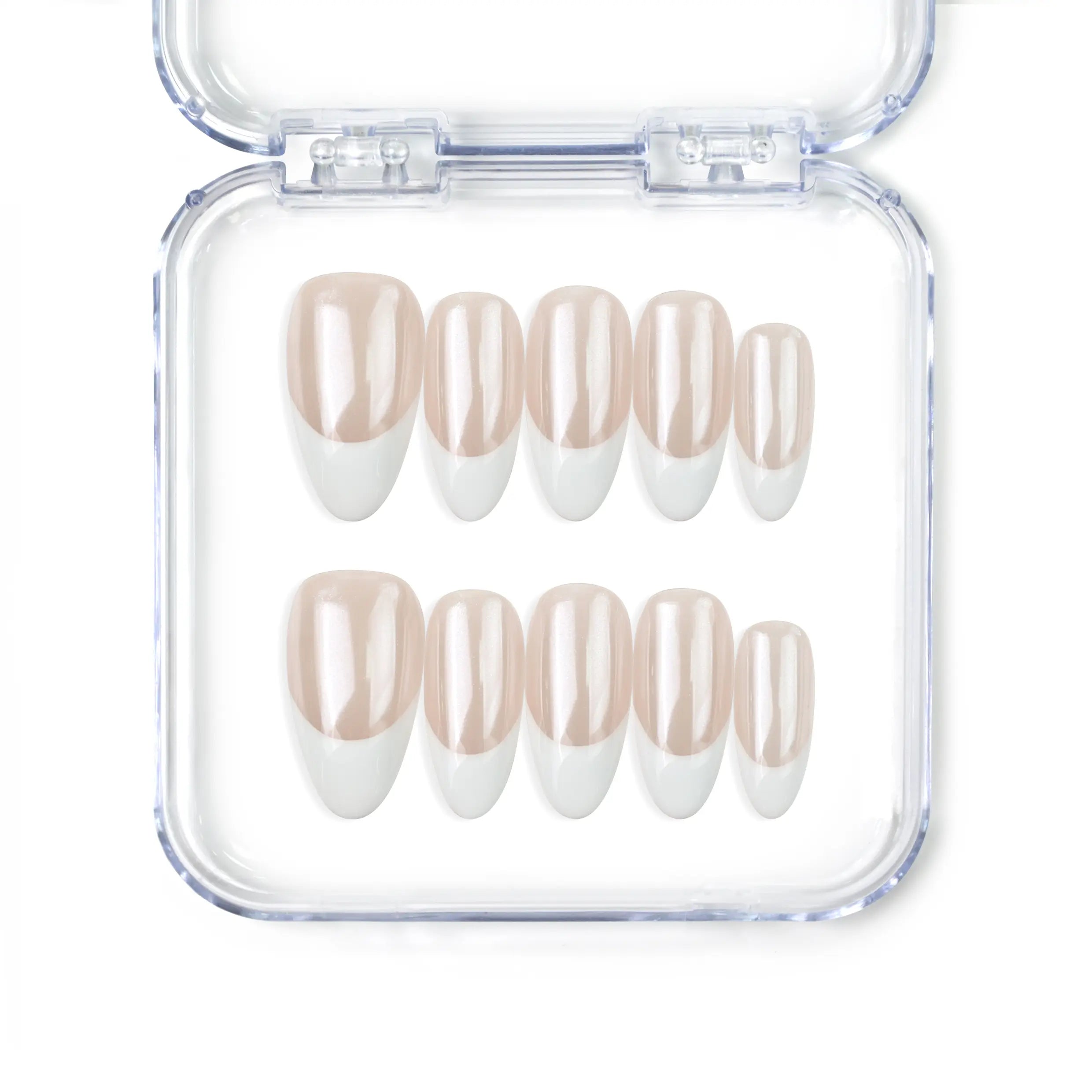 Naillover handmade press on nails in pearly white with almond shape — Pearly Shine from the Singapore press on nails collection.