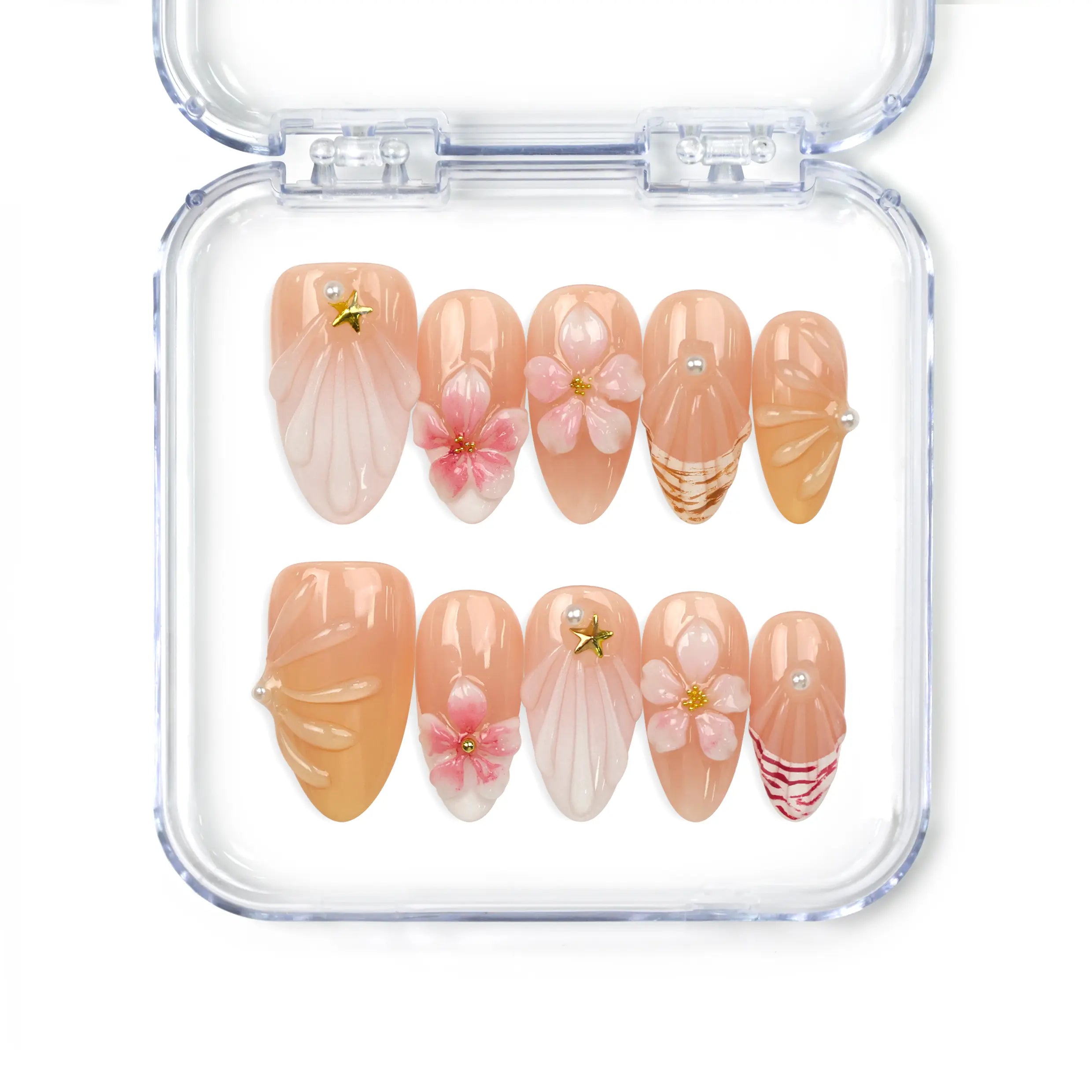 Naillover Pink Ocean 3D Floral handmade press on nails with delicate pink flowers, shell textures, pearls, stars, and gold stripes — elegant Singapore press on nails.