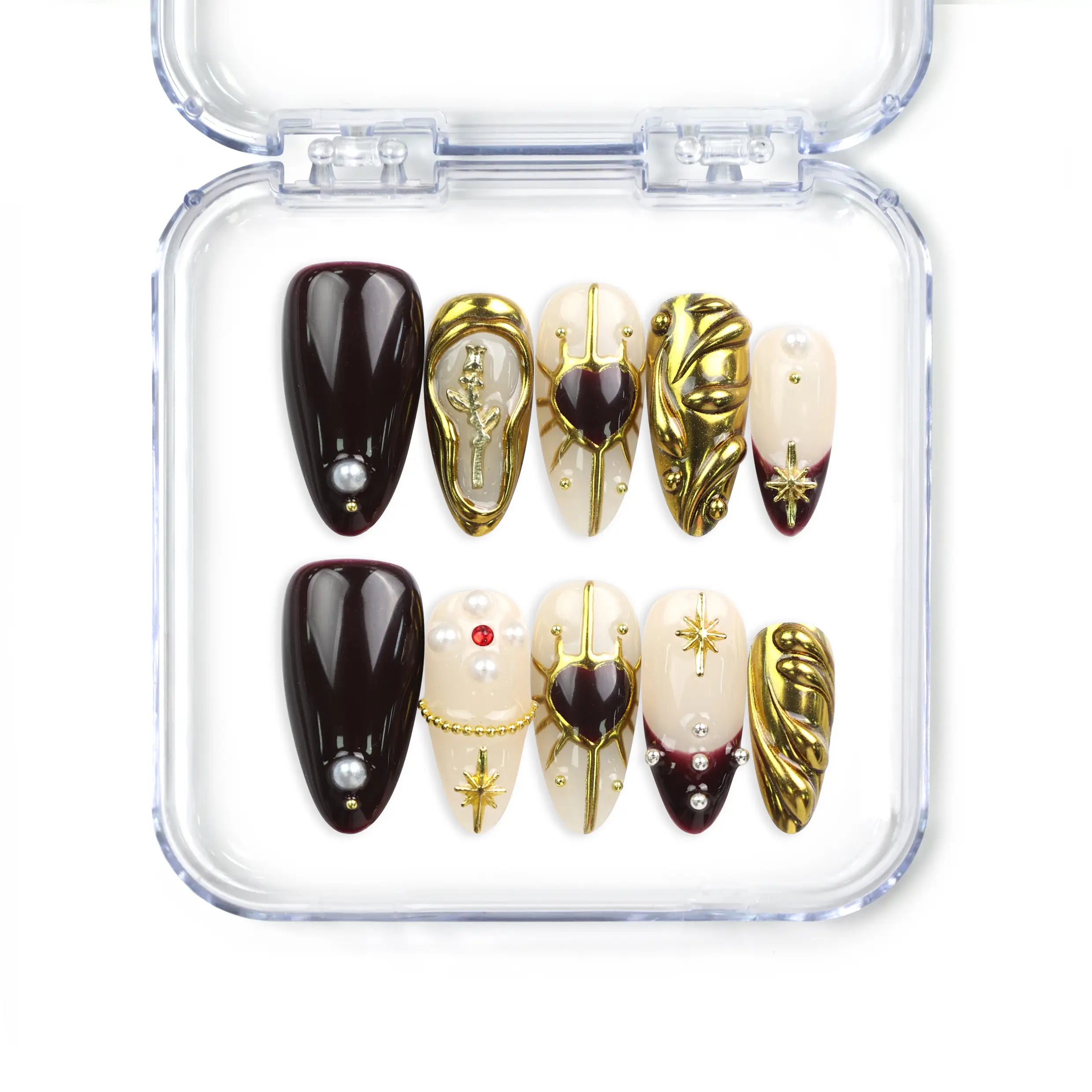 Regal Radiance handmade Singapore press on nails by Naillover featuring deep burgundy base, gold accents, and pearl details for a luxurious, classic style