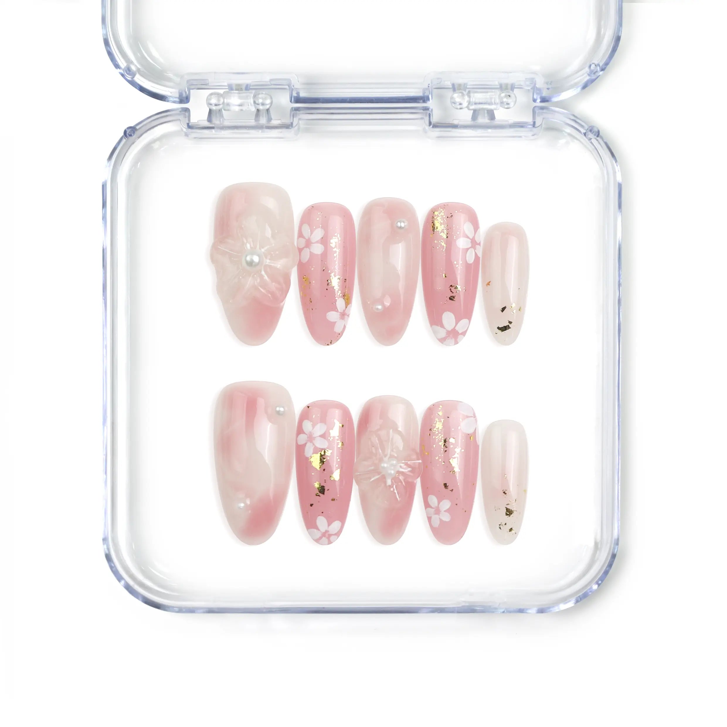 Naillover Sakura Singapore press on nails featuring soft pink tones and raised 3D floral designs, handcrafted for a charming spring look.