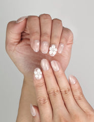 Close-up of Naillover Scarlet Gleam handmade 3D summer nails in soft pink with delicate floral accents.
