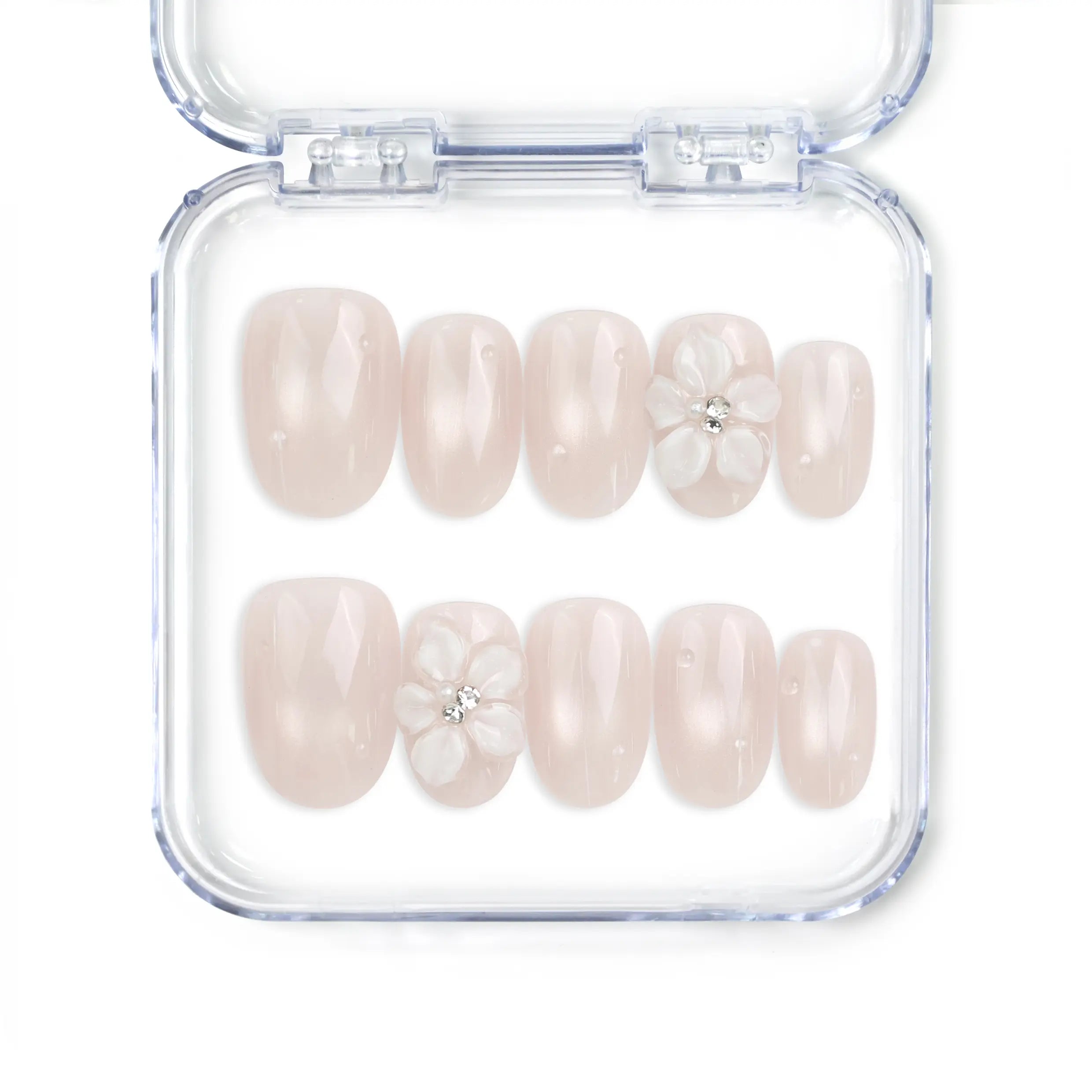 Naillover Scarlet Gleam handmade Singapore press on nails in pastel pink with 3D flowers and rhinestones.