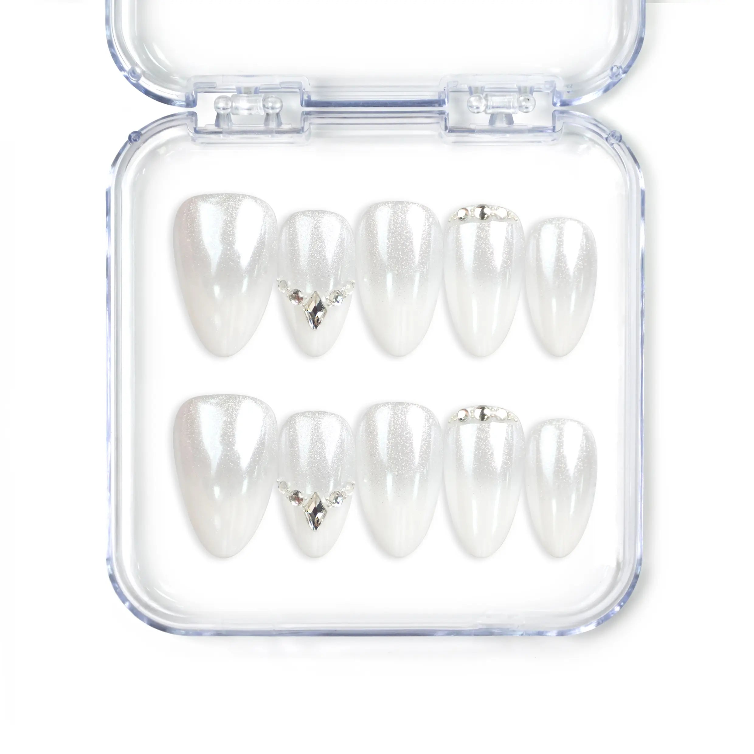 Naillover Silver Gleam handmade press on nails Singapore with white base and rhinestone accents, designed for elegant classic nail styles.