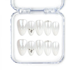 Naillover Silver Gleam handmade press on nails Singapore with white base and rhinestone accents, designed for elegant classic nail styles.