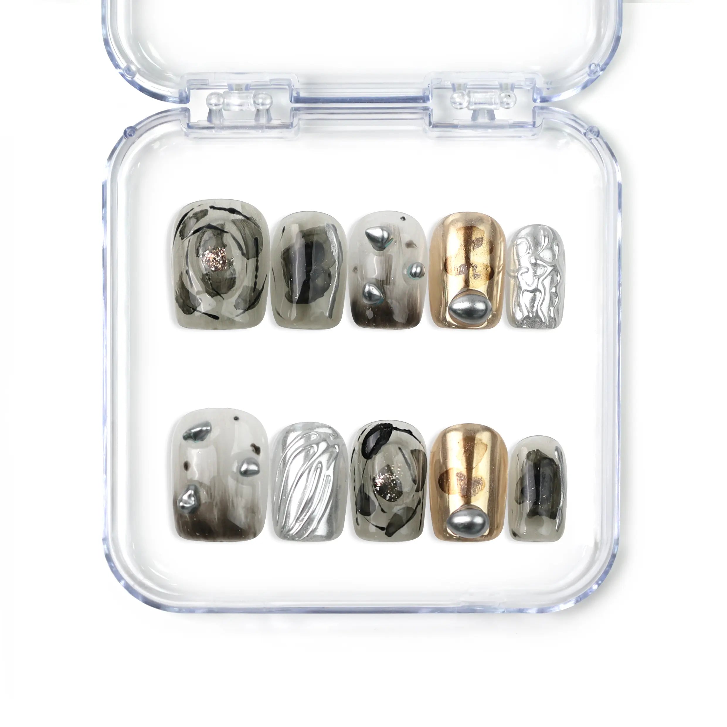 Naillover handmade press on nails in smoky gray and metallic chrome, with marble accents and sculpted textures — futuristic press on nails from Singapore.