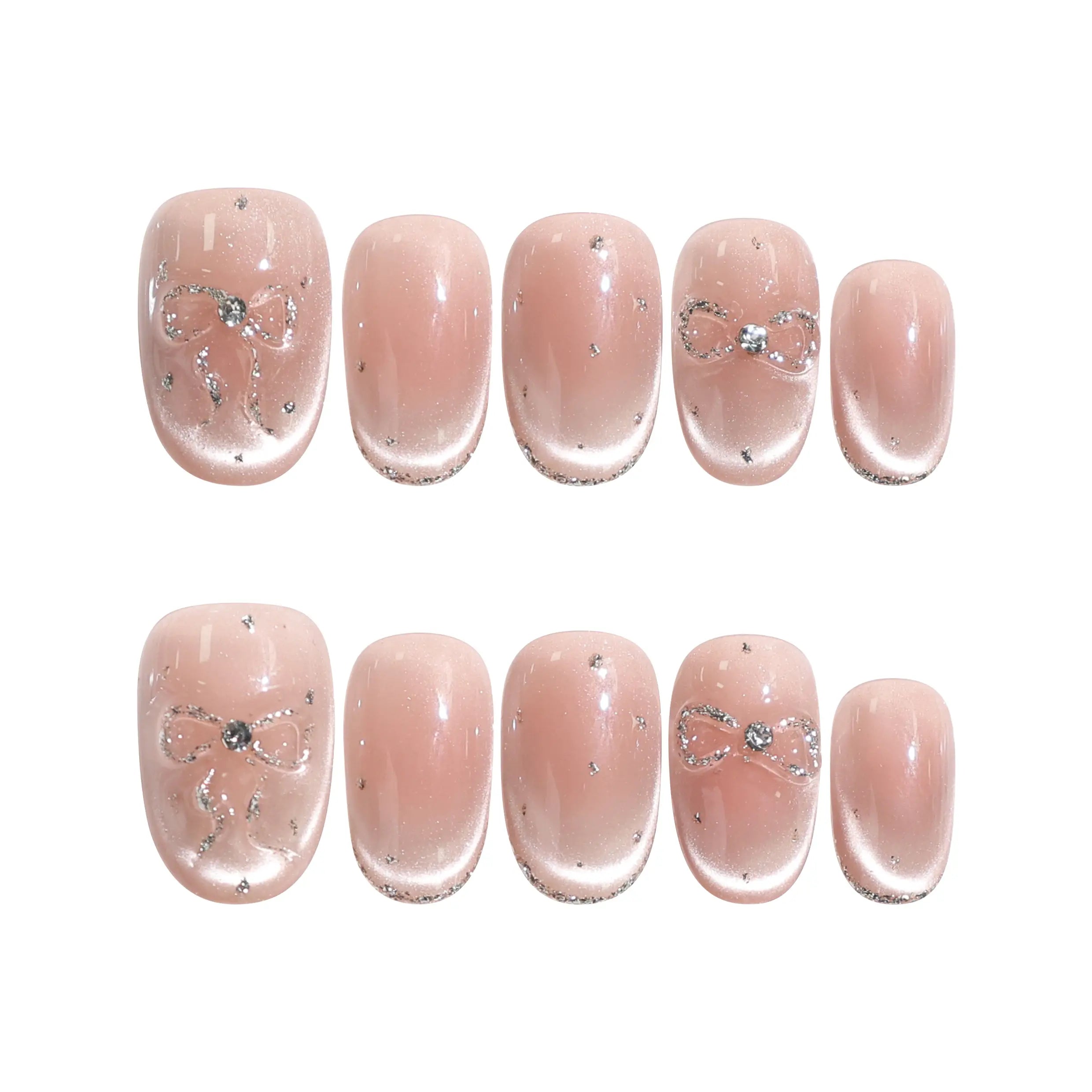 Naillover Sparkle Allure handmade Singapore press on nails with gradient cat eye effect and silver bow accents on white background.