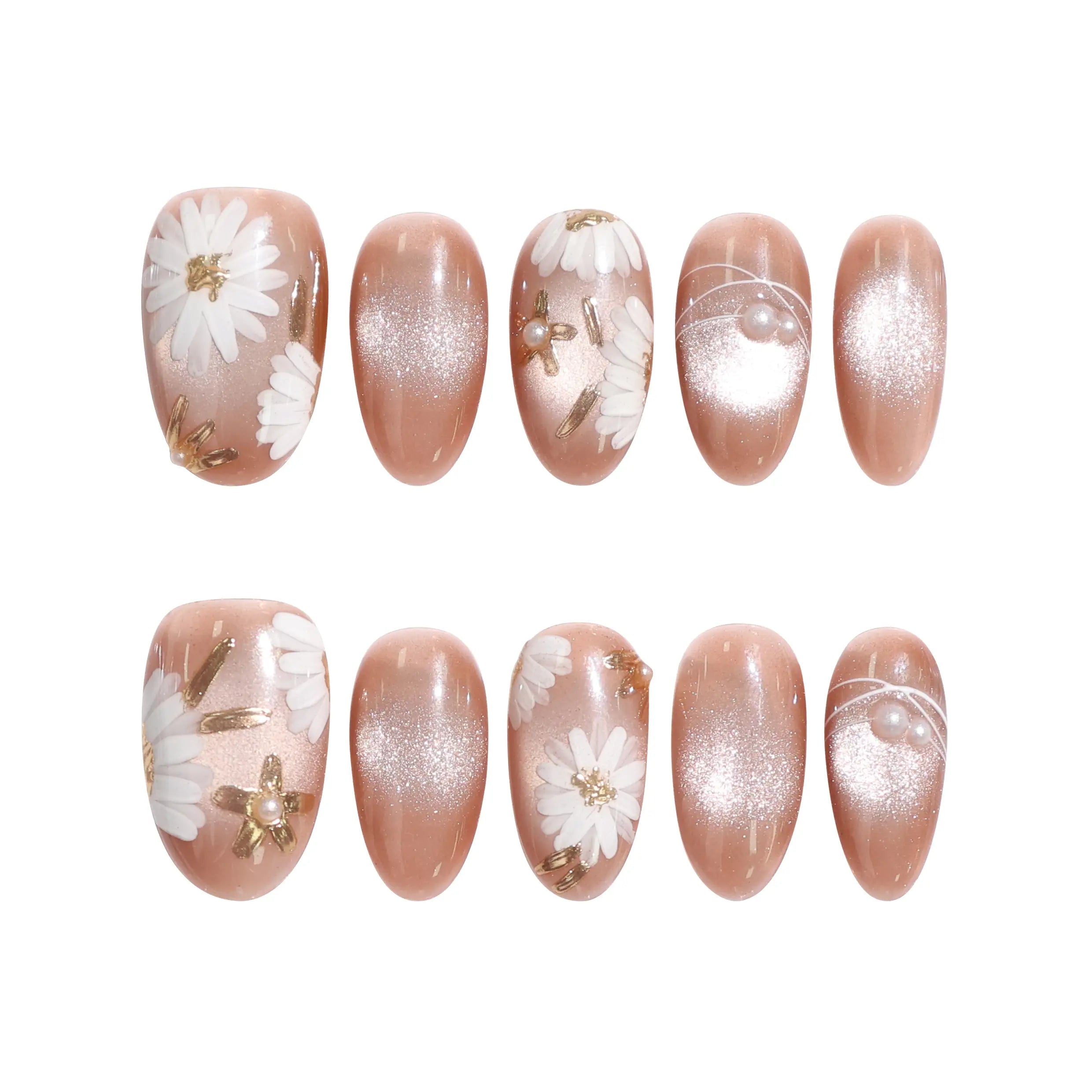 Naillover Tangerine Daisy Shine earthy tangerine handmade Singapore press on nails with white daisies and gold accents on white background.