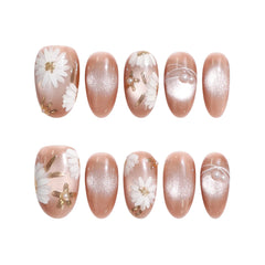 Naillover Tangerine Daisy Shine earthy tangerine handmade Singapore press on nails with white daisies and gold accents on white background.