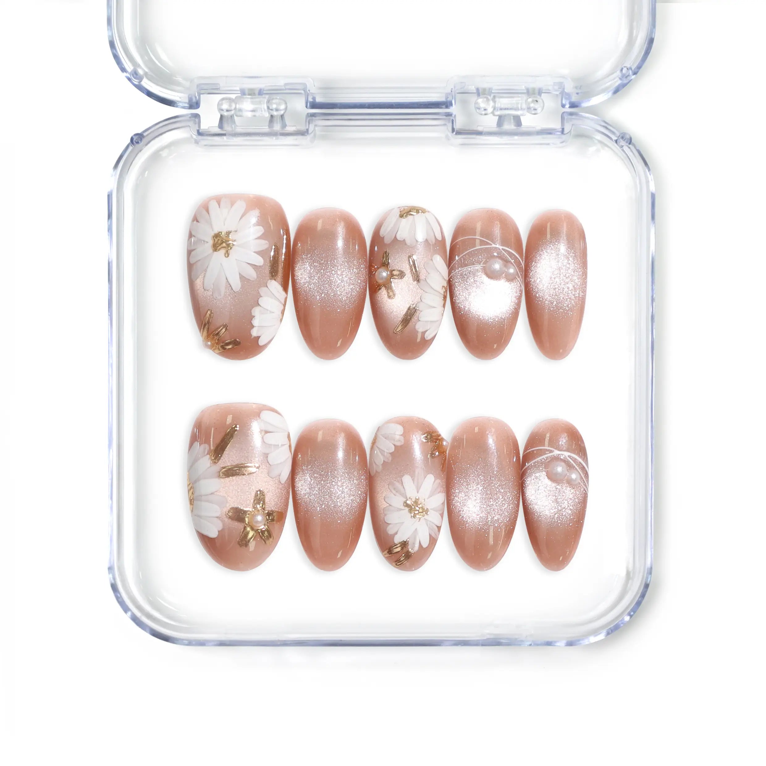 Handmade Singapore press on nails in earthy tangerine with white daisies and gold accents by Naillover.