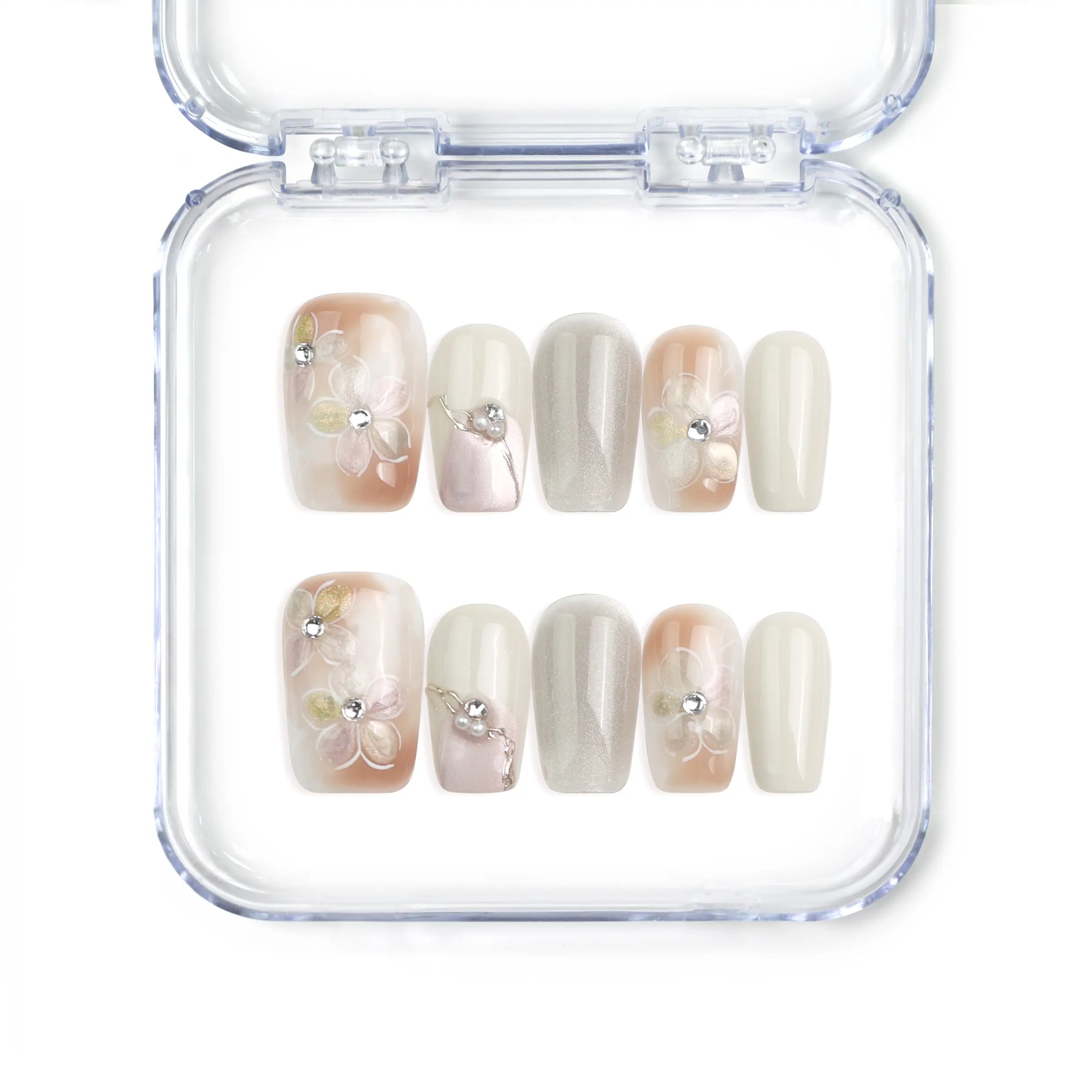 Full set of Naillover Twilight Singapore press on nails featuring pastel gradients, handmade 3D floral accents, and soft coquette-inspired shimmer.