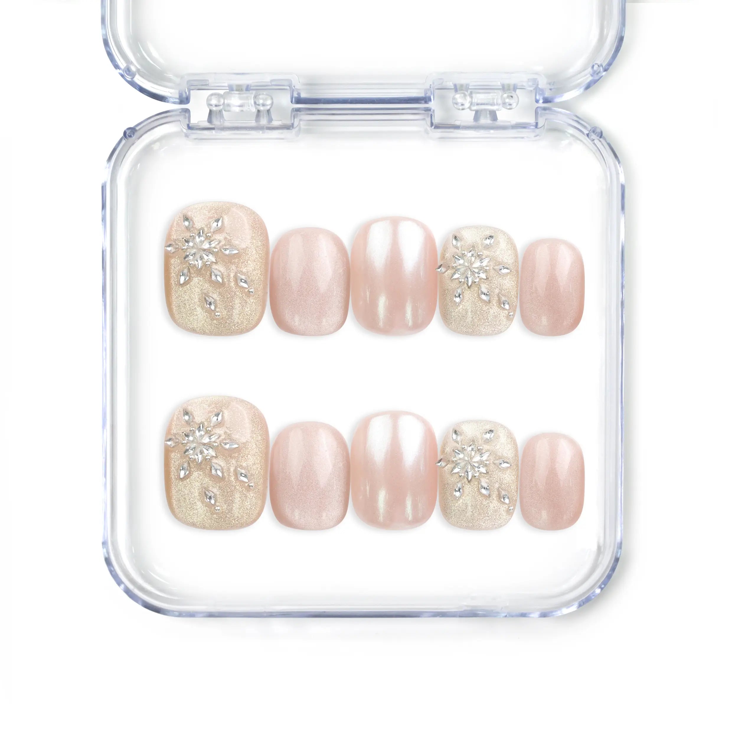 Warm Petal handmade Singapore press on nails by naillover featuring pink-to-white ombre and crystal rhinestone accents, elegant classic nail design