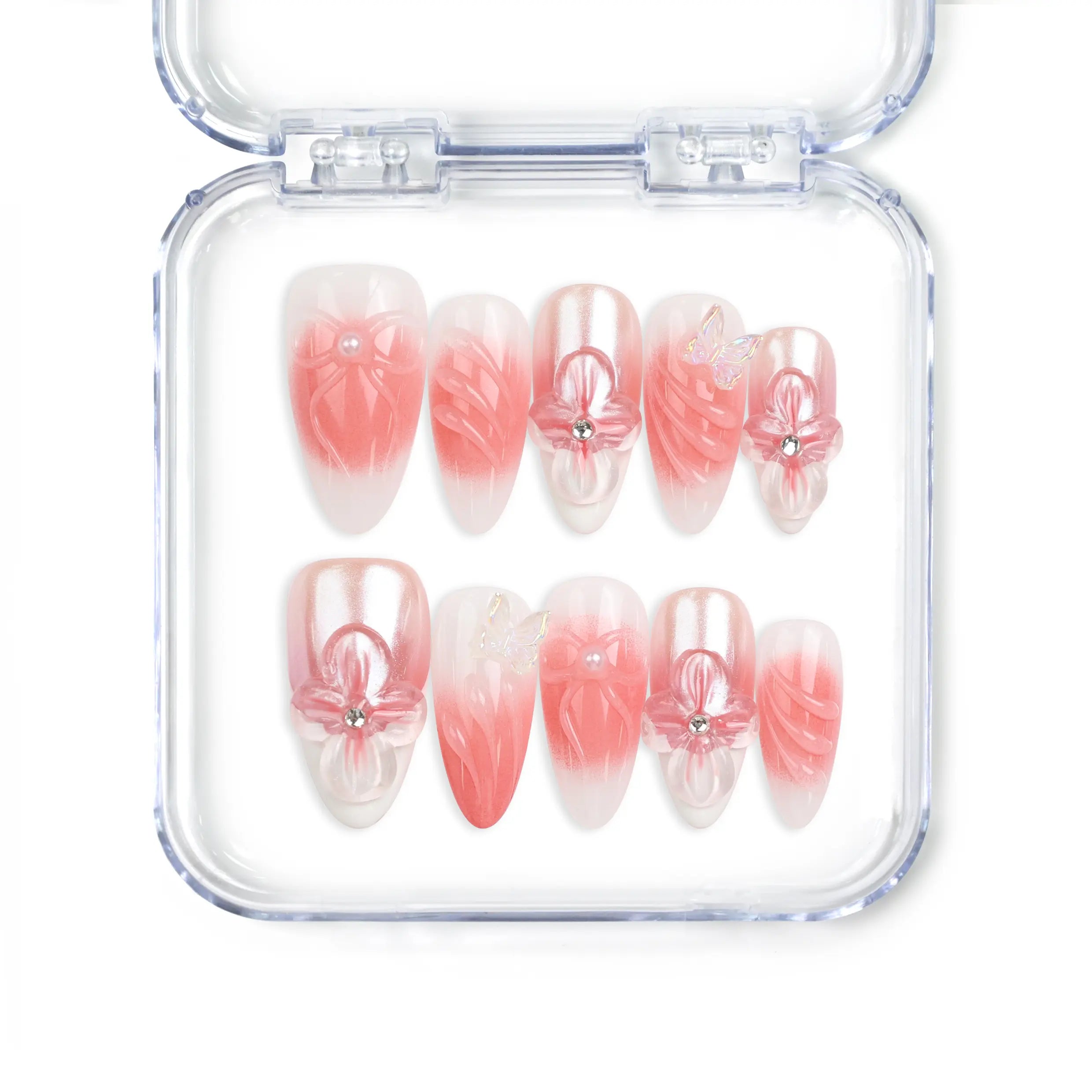 Naillover Whisper of Wisteria handmade press on nails Singapore in blush pink gradient with 3D flowers and butterflies for elegant occasions.