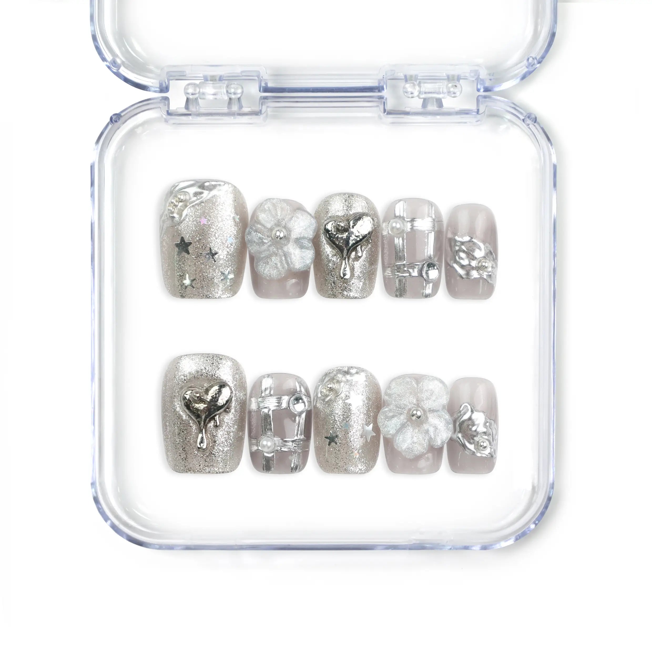 Nightfall handmade Singapore press on nails in metallic silver with rhinestones, elegant and trendy design by naillover.