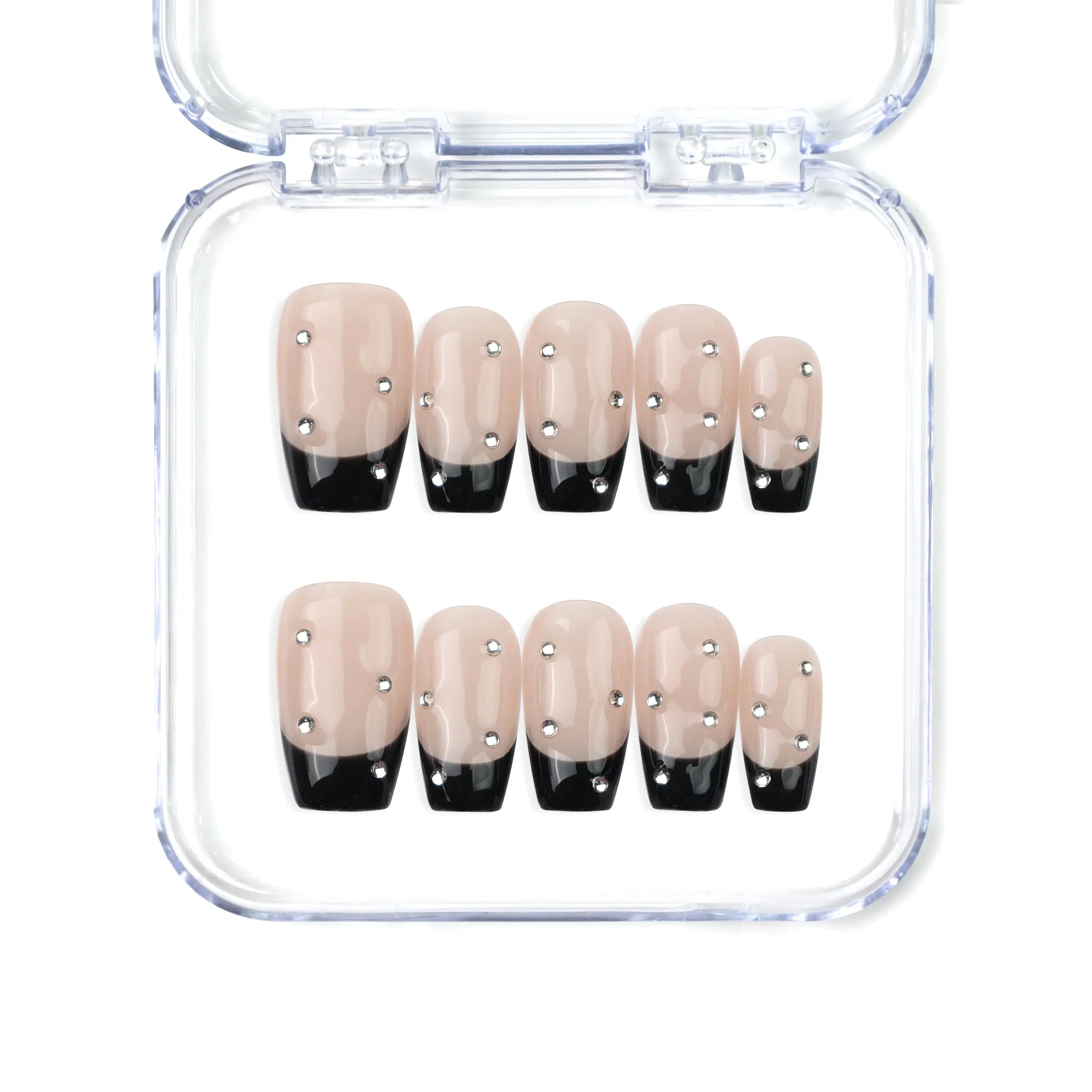 Naillover Nude Edge handmade Singapore press on nails featuring black French tips, nude gradient base, and coffin shape in glossy finish.