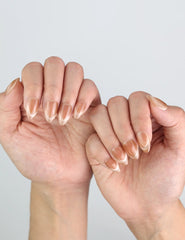 Naillover Singapore press on nails in Nude Fade Tips worn on both hands, minimalist office-ready look.