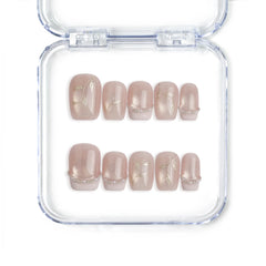 Singapore handmade short press on nails in peach pink with gold lines and subtle glitter, by Naillover