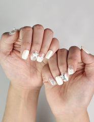 Elegant Pearl Sparkle pearly white press-on nails with pearls and gems, Singapore handmade press on nails by naillover