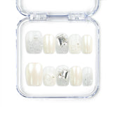 Pearl Sparkle pearly white handmade press-on nails with pearls and silver gemstones, Singapore press on nails by naillover