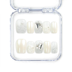 Pearl Sparkle pearly white handmade press-on nails with pearls and silver gemstones, Singapore press on nails by naillover