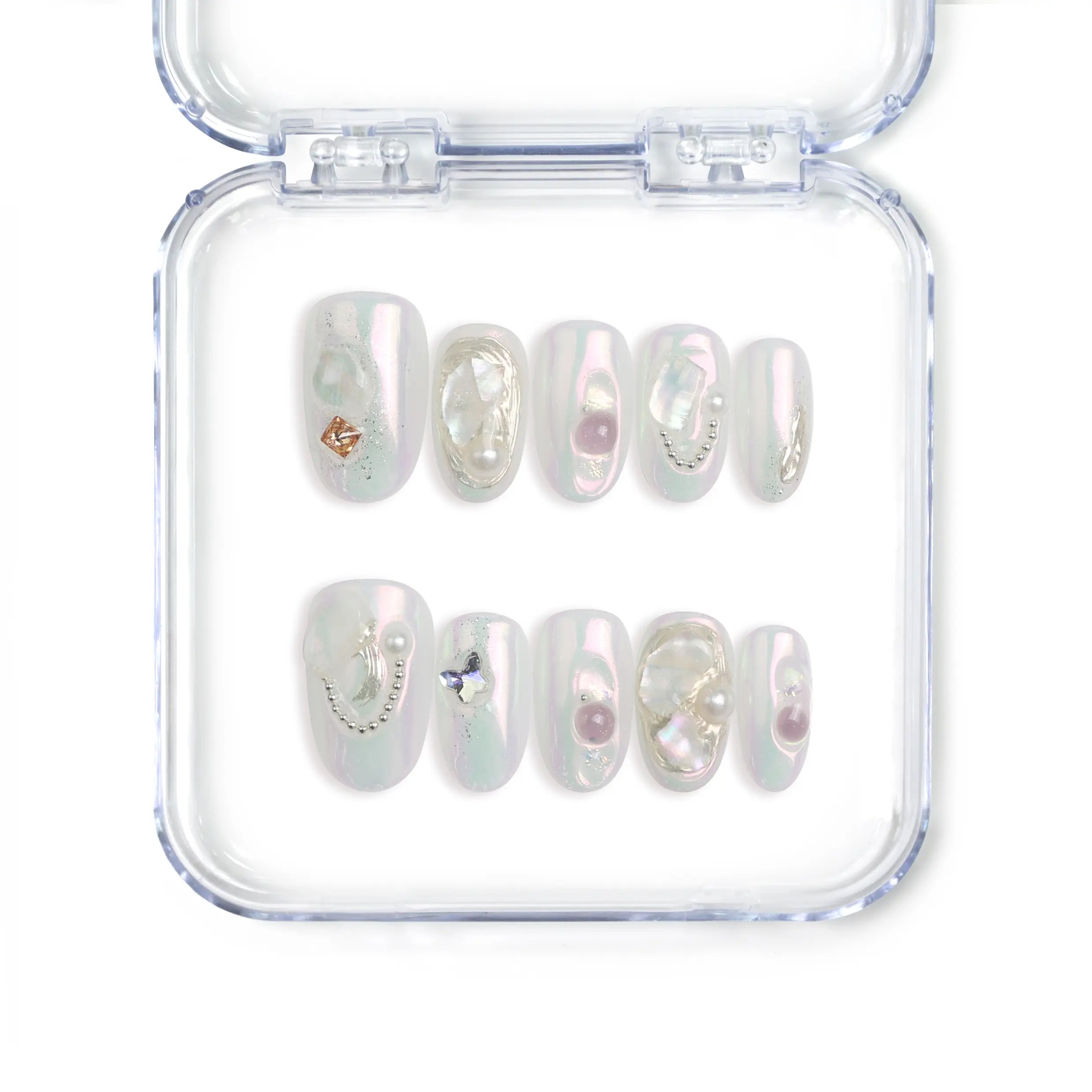 Naillover handmade short oval Singapore press on nails with 3D rhinestone nail art and pearls