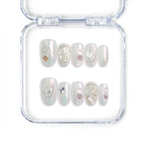 Naillover handmade short oval Singapore press on nails with 3D rhinestone nail art and pearls