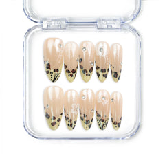 Pearly Blossom Singapore press on nails with beige base, leopard print, and floral designs, handmade by naillover