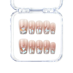 Pink Mermaid Spark medium coffin handmade press on nails with glittery flakes, part of naillover’s Singapore press on nails collection, showcasing cute and trendy nail style.