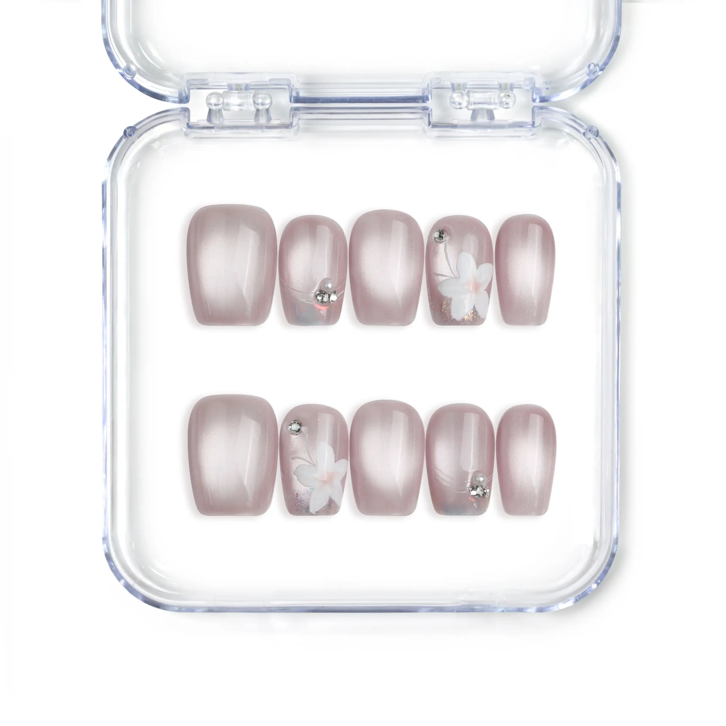 Naillover handmade Singapore short pink press on nails in square shape featuring white flower nails art, gold beads, and pearls