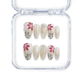 Naillover handmade Singapore almond press on nails featuring red, white, and grey 3D flower nail art