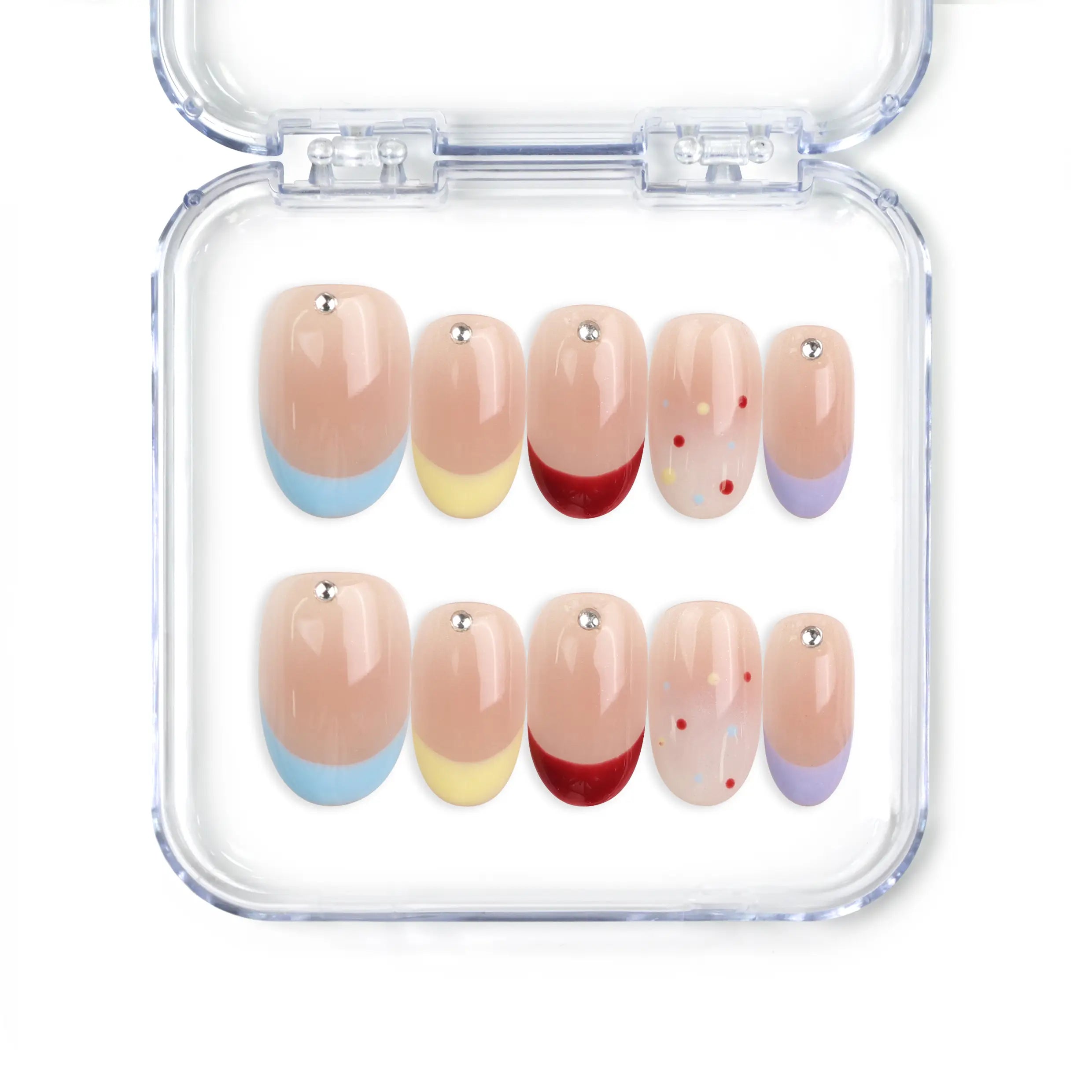 Rainbow Tips handmade press on nails by naillover, transparent base with colorful blue, yellow, and red glitter tips, Singapore press on nails for summer nails and cute looks.