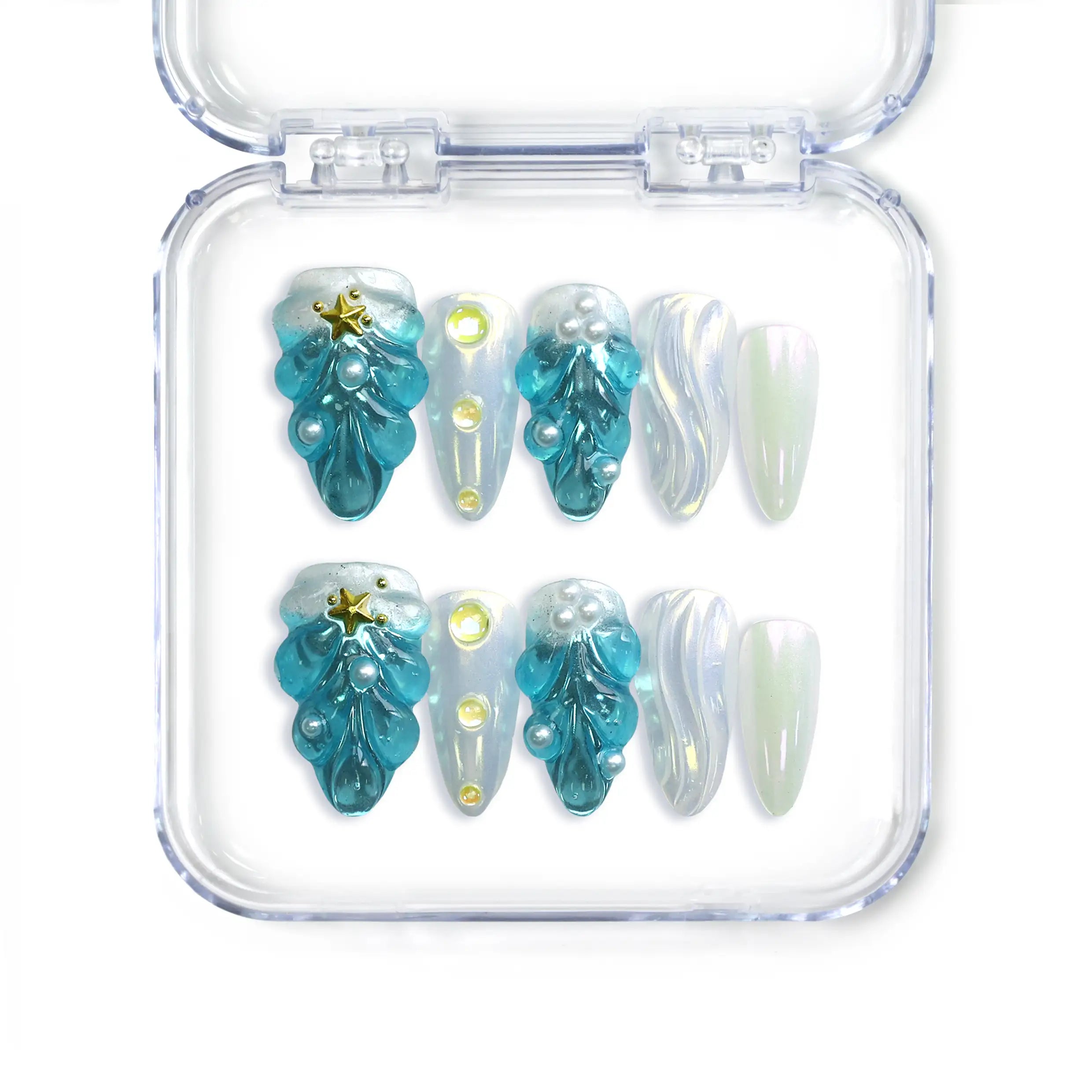 Handmade blue almond press on nails with 3D shell textures and gold starfish, from Singapore brand Naillover
