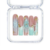 Singapore handmade long pipe press on nails with 3D flower nails, ocean waves, and gold starfish by Naillover