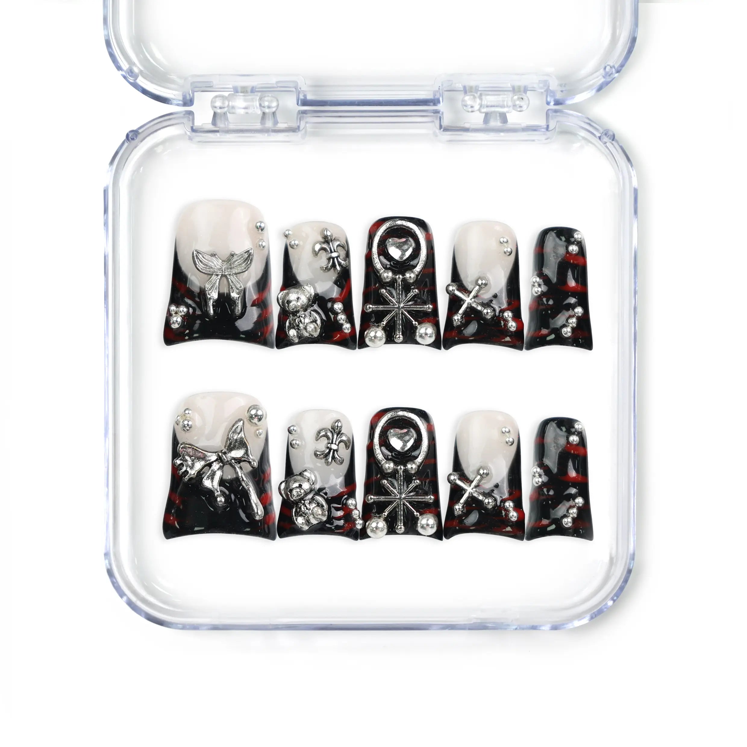 Shadow Forge Y2K metallic Singapore press on nails by naillover, handmade press on nails with silver shimmer accents