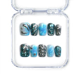Naillover handmade Singapore blue press on nails in short coffin shape with metallic silver and water drop textures
