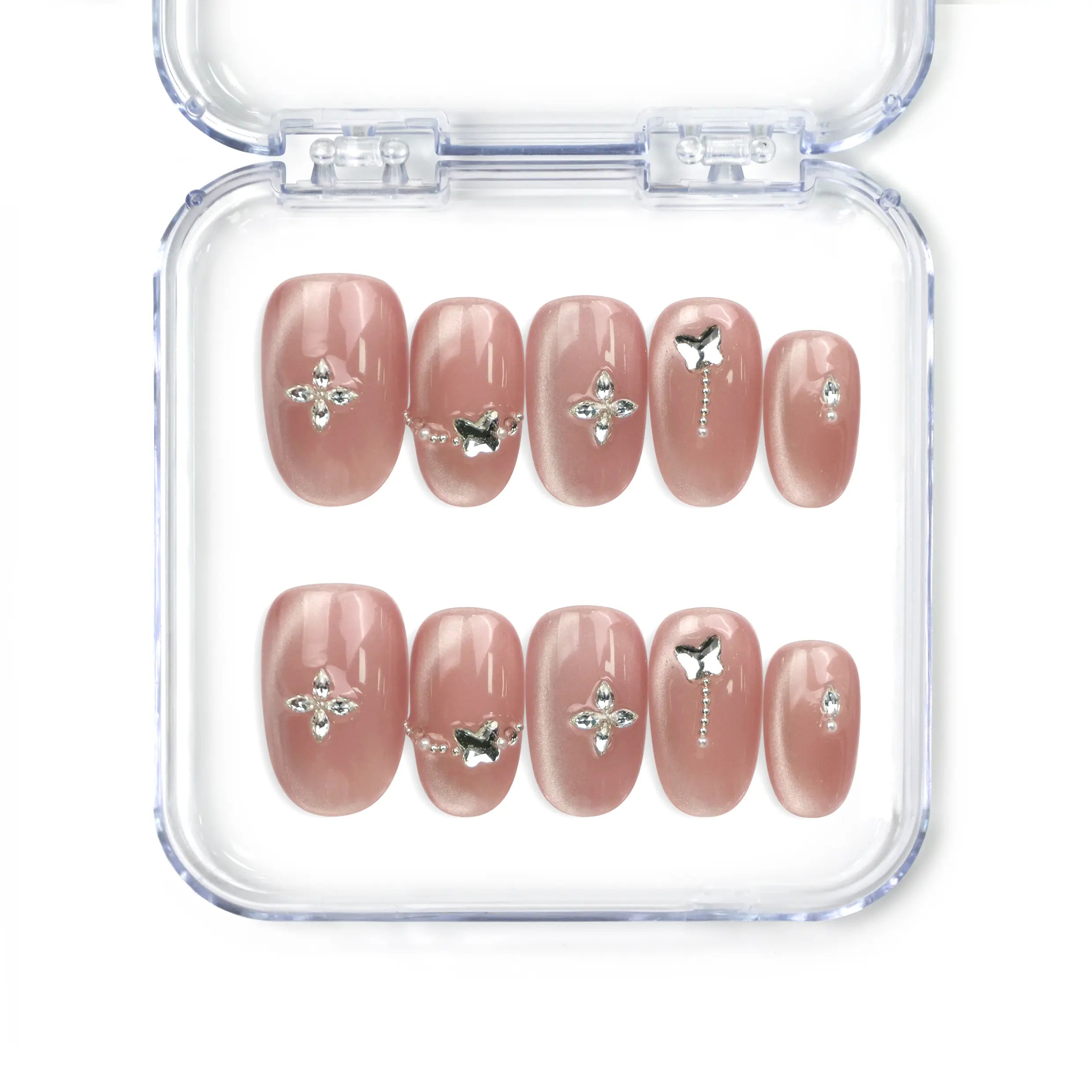Naillover Silver Charm handmade press on nails with glossy cat eye finish and silver butterfly charms from Singapore press on nails collection.