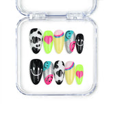 Singapore handmade short almond press on nails with vibrant colors, smiley faces, and 3D heart accents by naillover