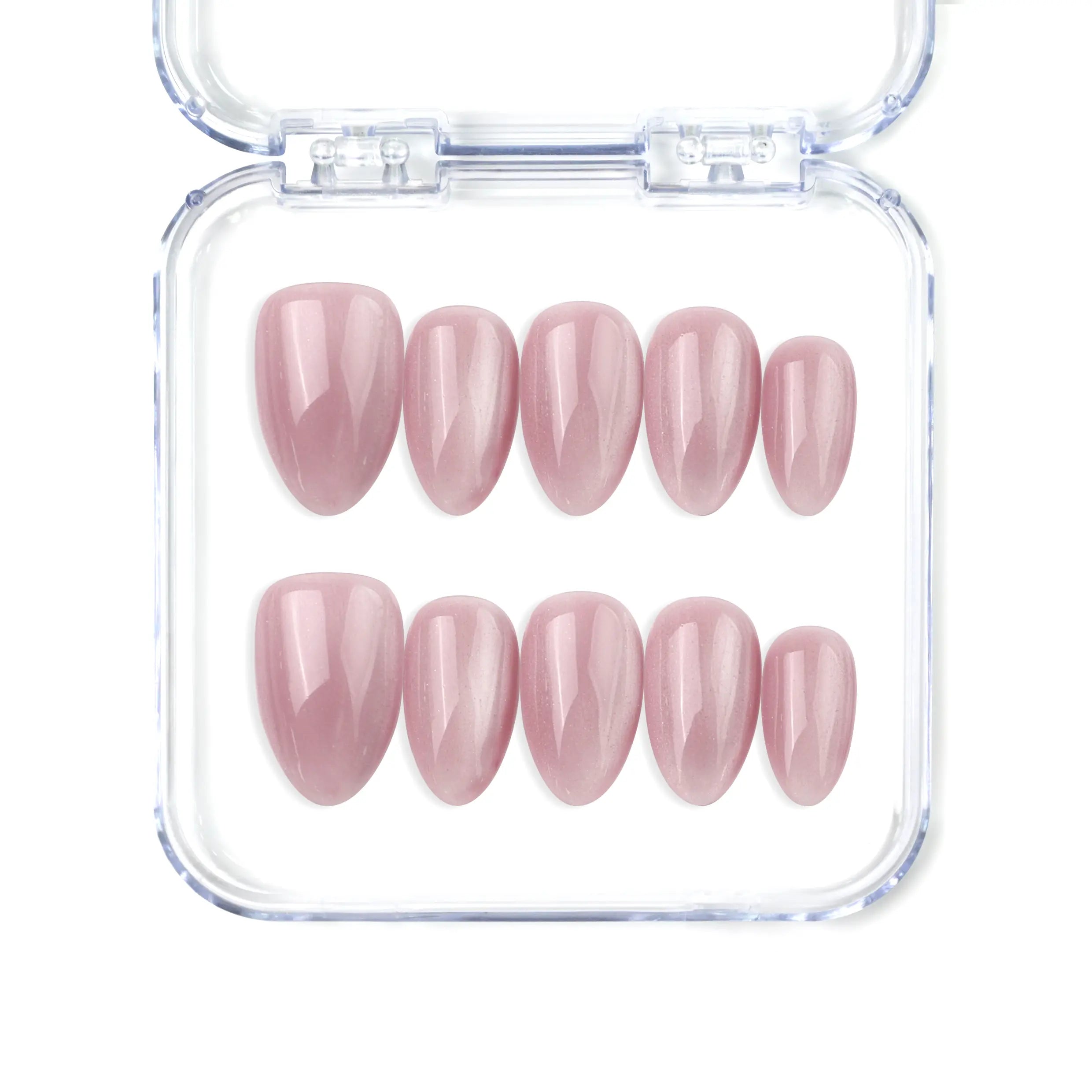 Naillover Soft Mirage handmade Singapore press on nails in pink cat eye shimmer, almond shape design.