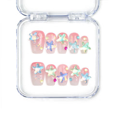 Naillover handmade Singapore short coffin pink press on nails with glitter base and colorful 3D starfish
