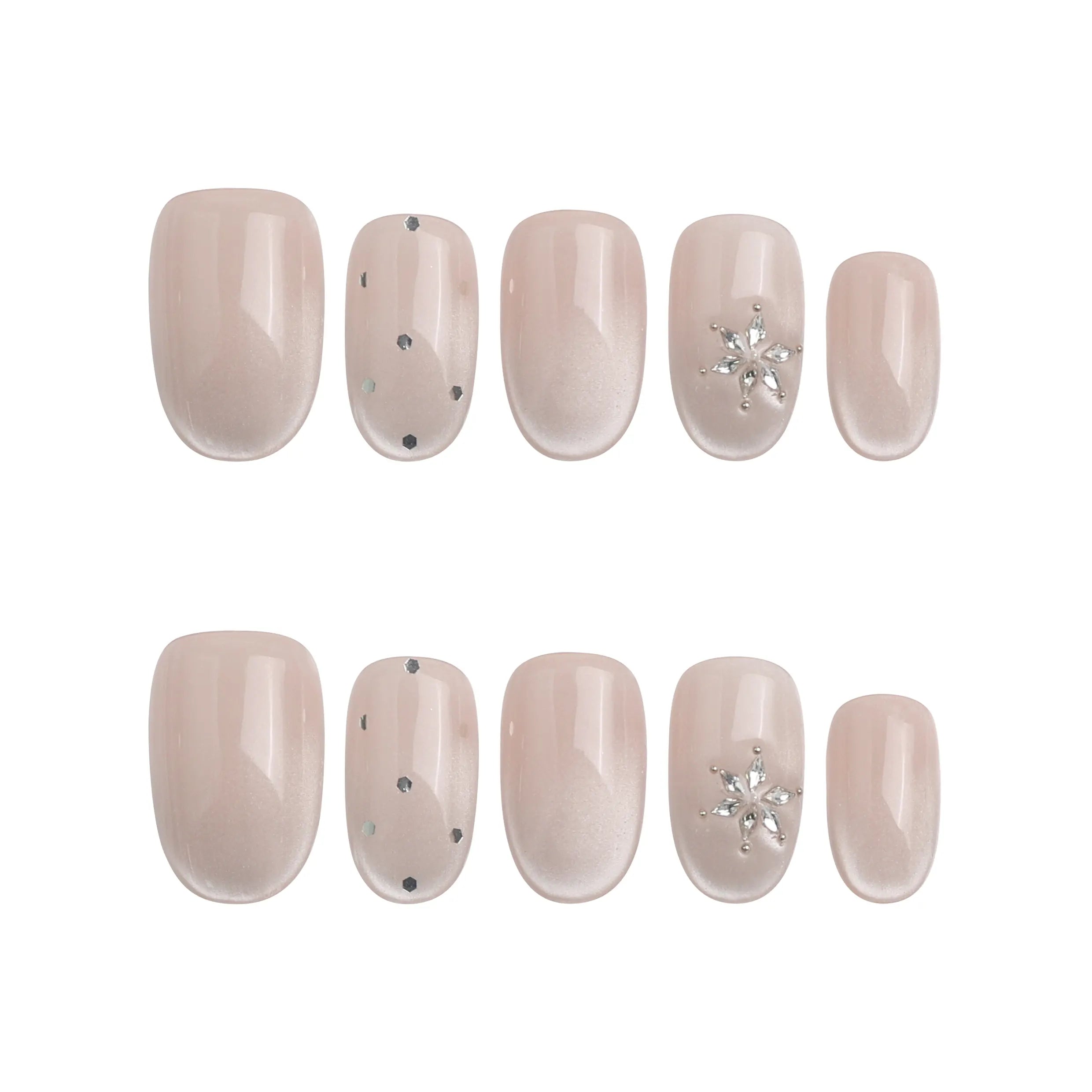 Product display of Naillover’s handmade Singapore press-on nails in nude with crystal and glitter speck pattern