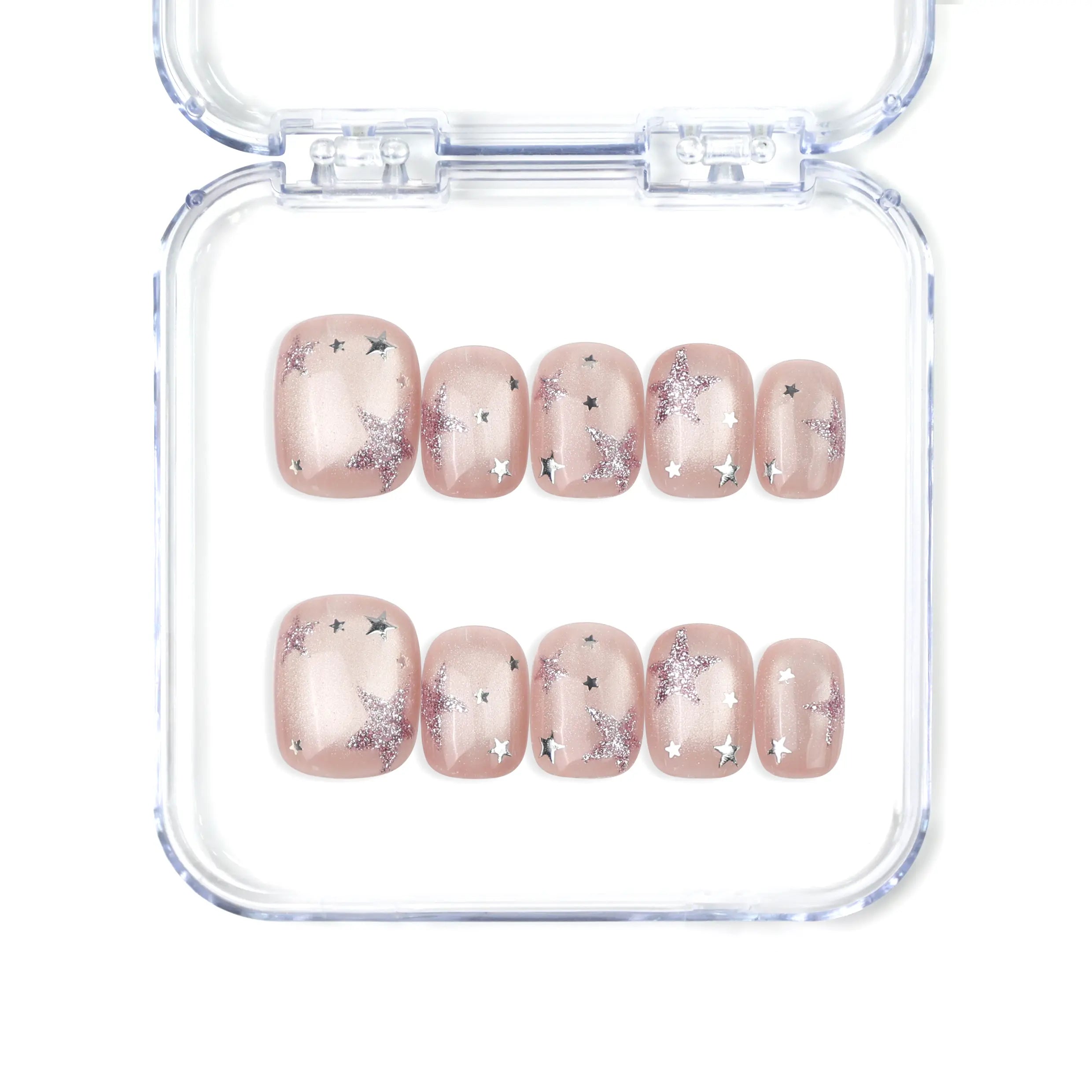 Naillover Starlit Blush handmade Singapore press on nails in blush pink with tiny star accents, short square shape.