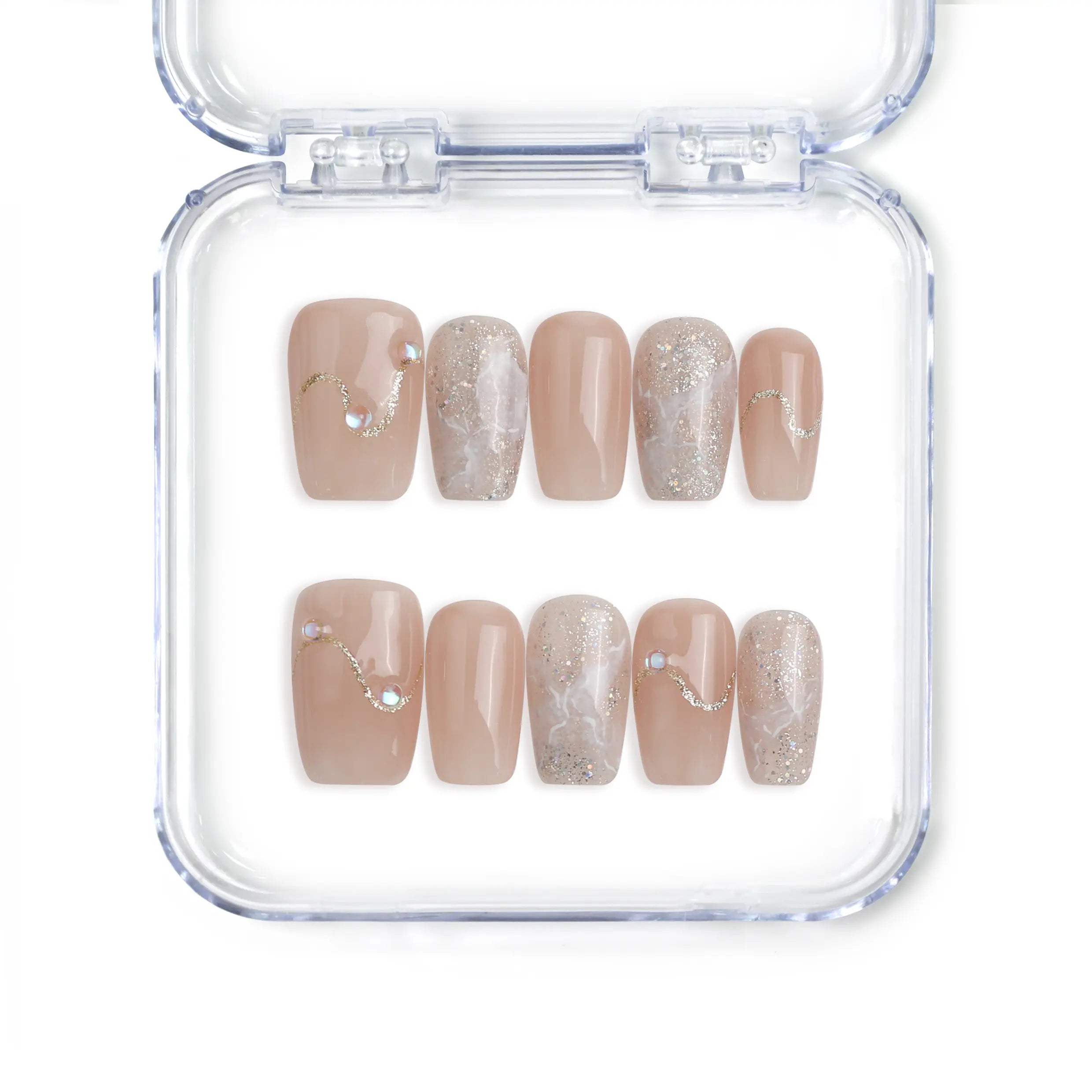 Naillover handmade Singapore short pink press on nails with gold glitter and fine gold line accents in square shape