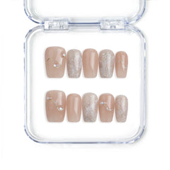 Naillover handmade Singapore short pink press on nails with gold glitter and fine gold line accents in square shape