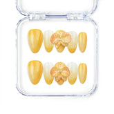 Naillover Sunny Bloom handmade press on nails with yellow-to-white gradient and 3D flower pearl accents, perfect trendy nails for summer elegance.