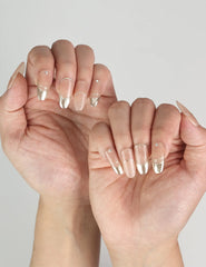 Stylish Sunrise Hue gradient press on nails SG with glossy shine, worn on hand – naillover