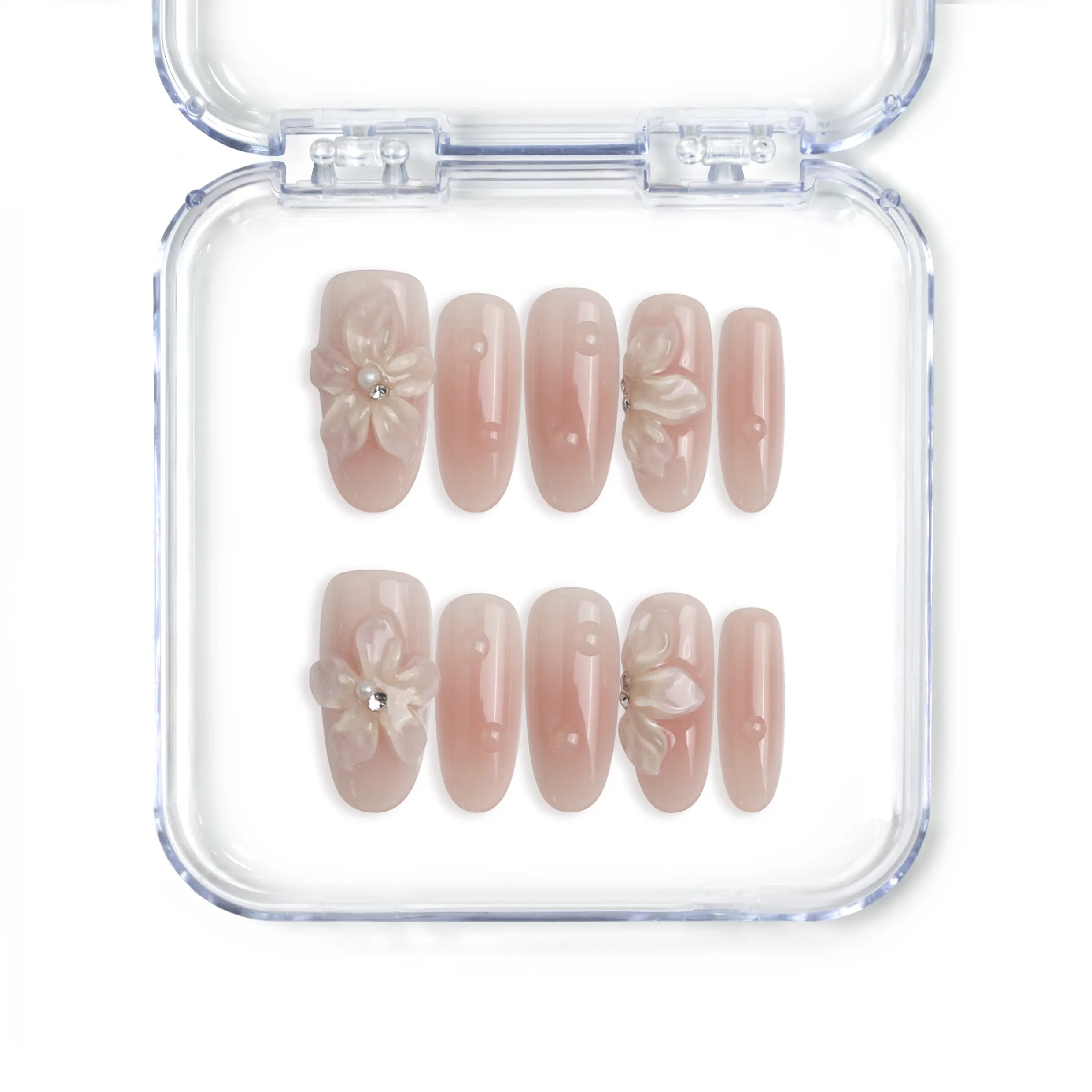 Naillover handmade Singapore pink oval press on nails featuring 3D flower nails art and pearl accents