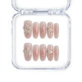 Naillover handmade Singapore pink oval press on nails featuring 3D flower nails art and pearl accents