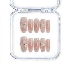 Naillover handmade Singapore pink oval press on nails featuring 3D flower nails art and pearl accents