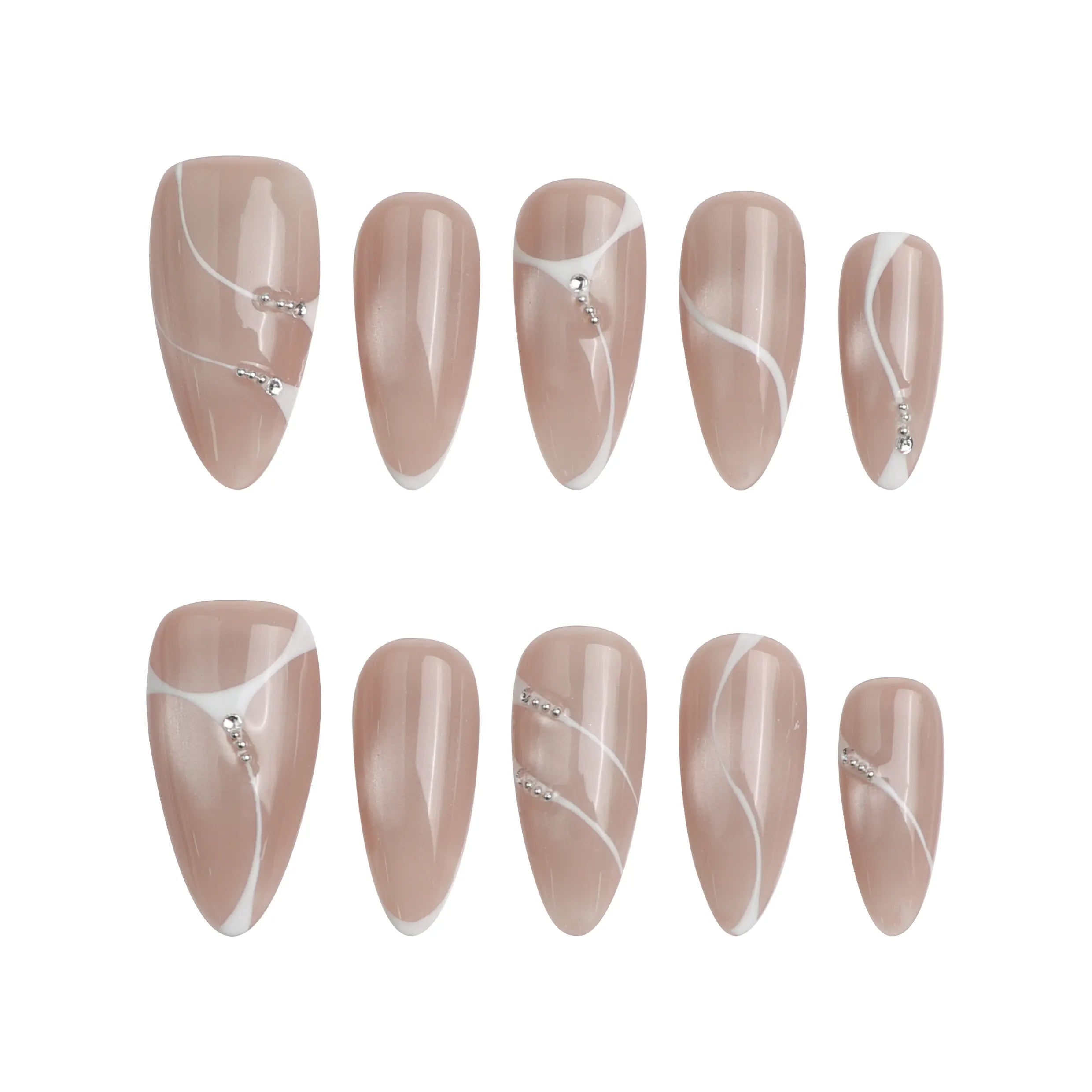 Product display of Naillover’s handmade Singapore press-on nail set with taupe base, swirl motifs, and gold accents